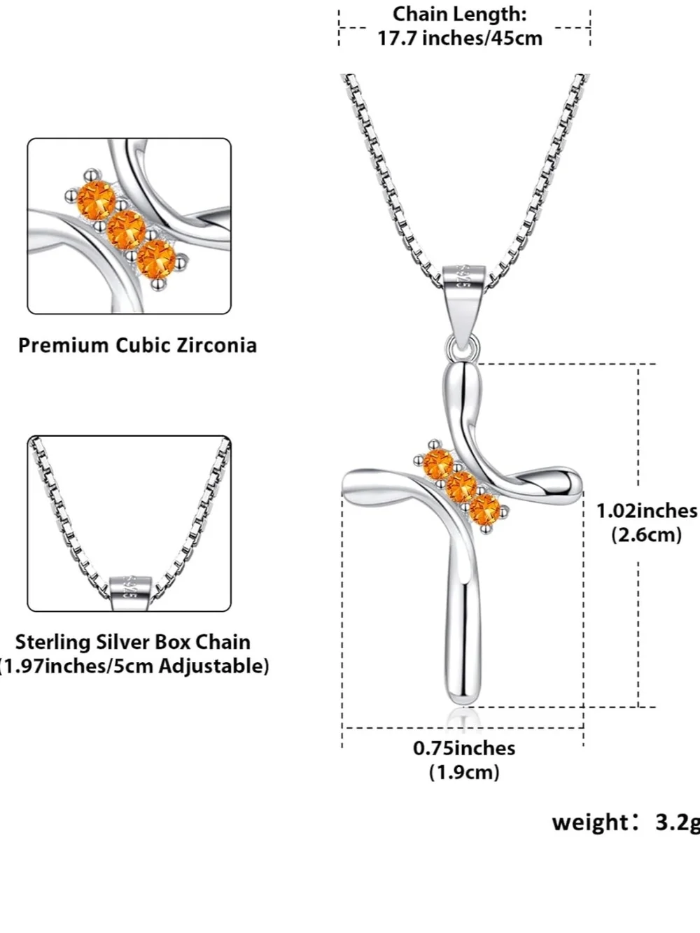 Sterling Silver Cross Necklace with Orange Gem Accents